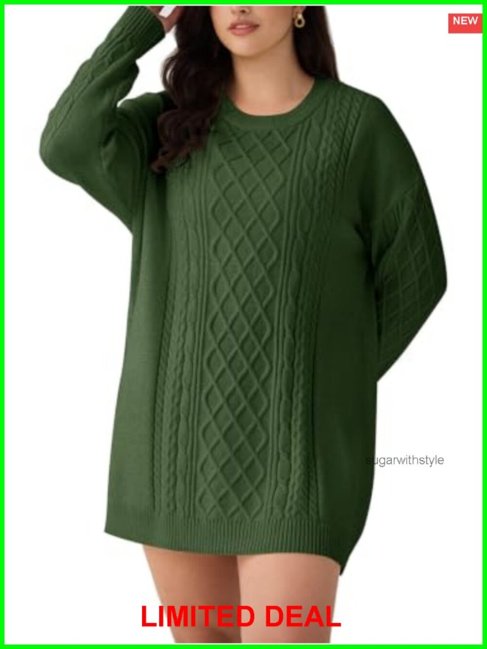 Plus Size Cable Knit Mini Sweater Dress Long Sleeve Crewneck Oversized Tunic